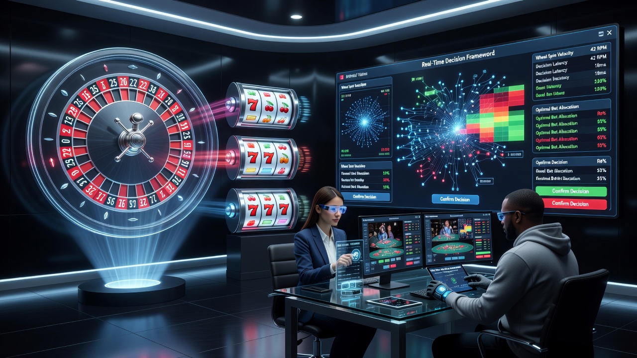 Live casino streaming setup with multiple roulette wheels and overlaid decision framework dashboards